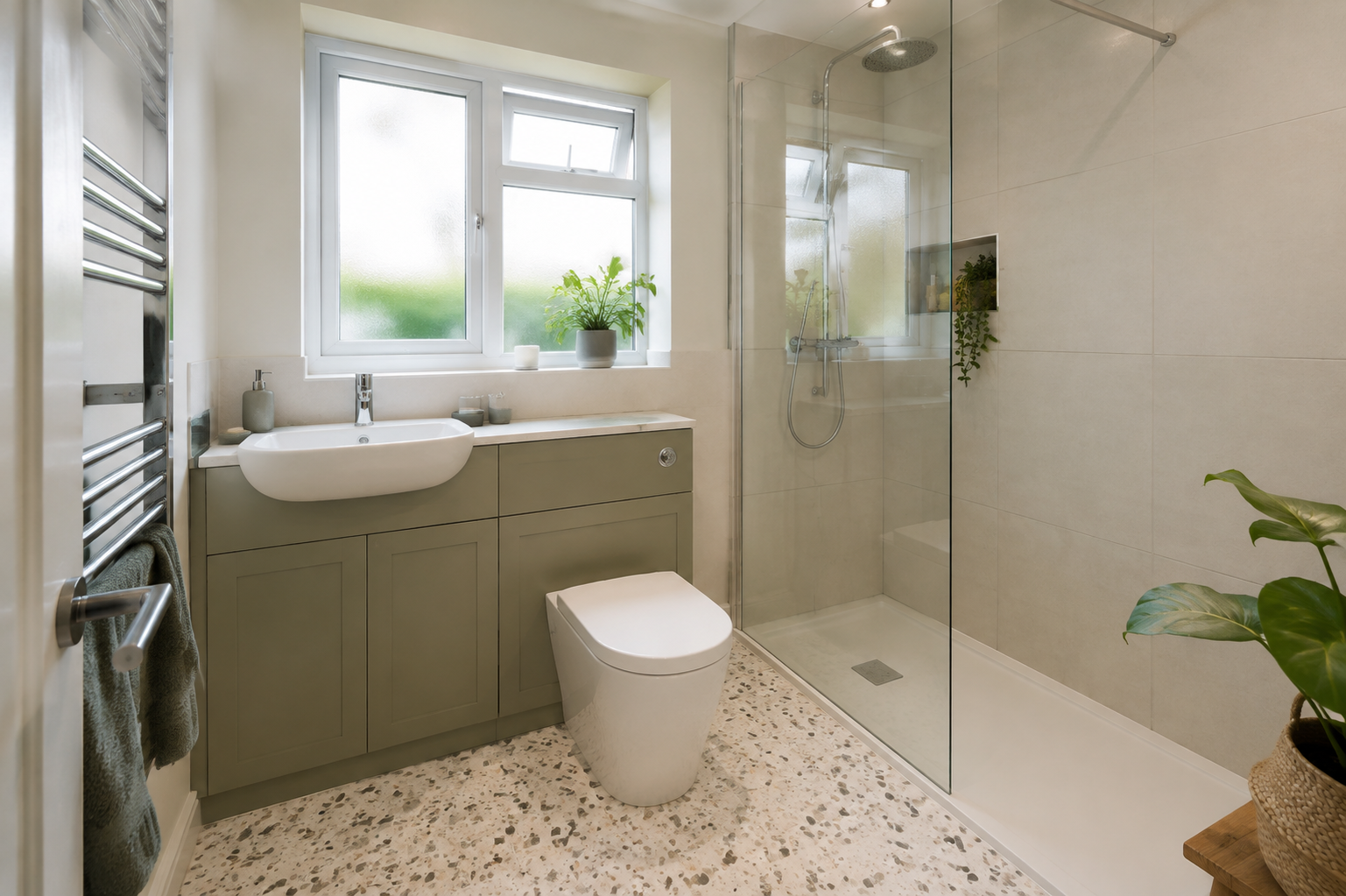 Compact modern bathroom with pale green vanity