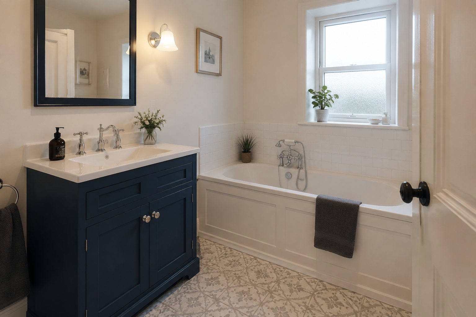 Traditional bathroom with navy vanity and patterned floor