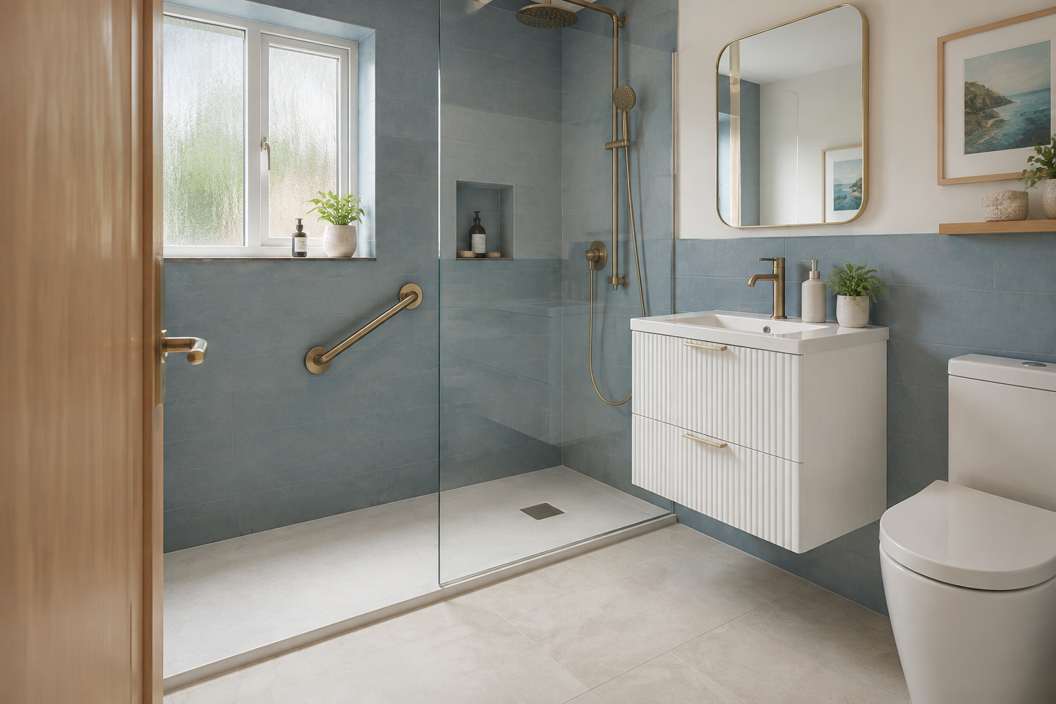 Warm easy-access walk-in shower with discreet support rail